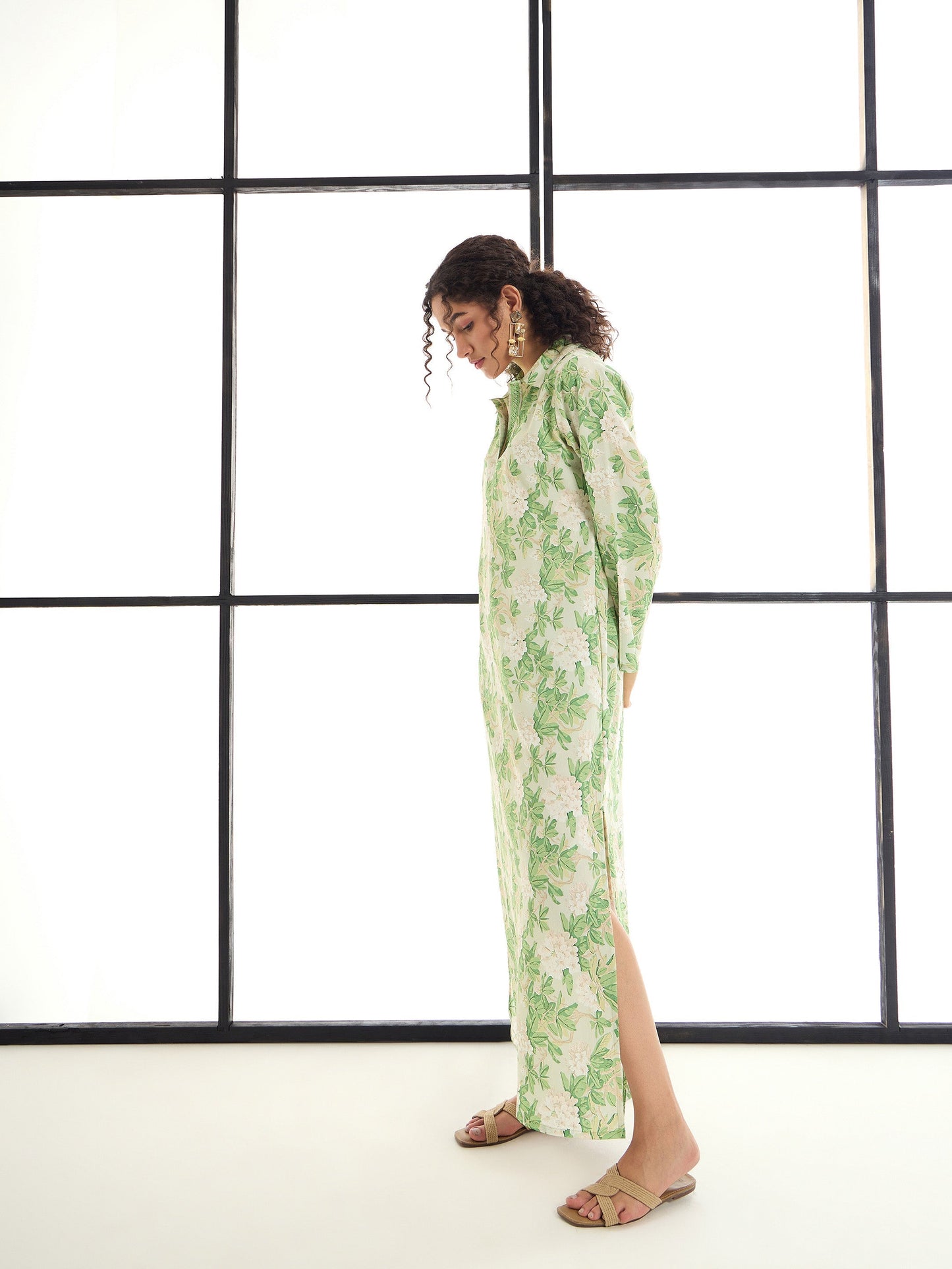Green & Beige Floral Abaya Dress