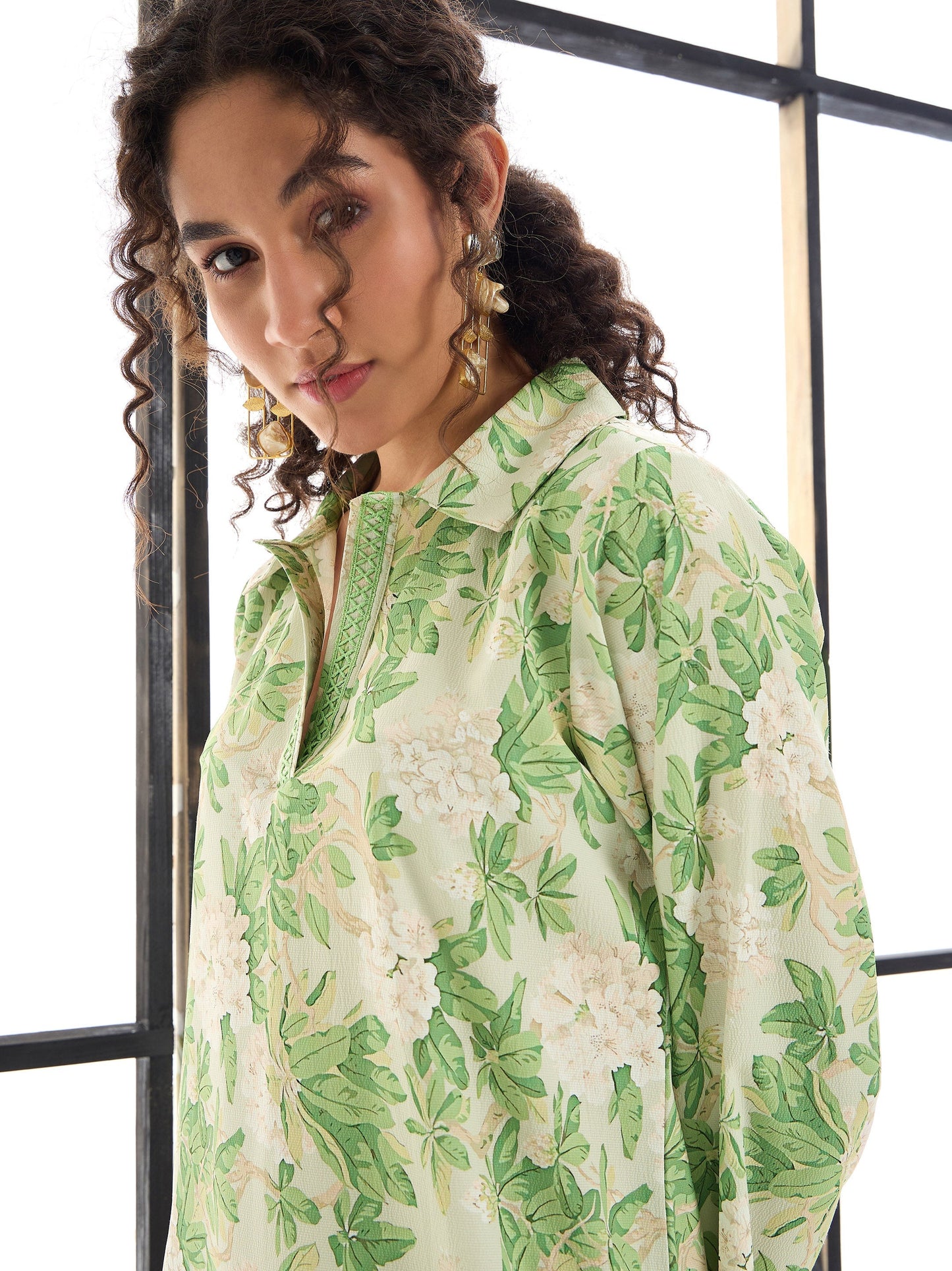 Green & Beige Floral Abaya Dress