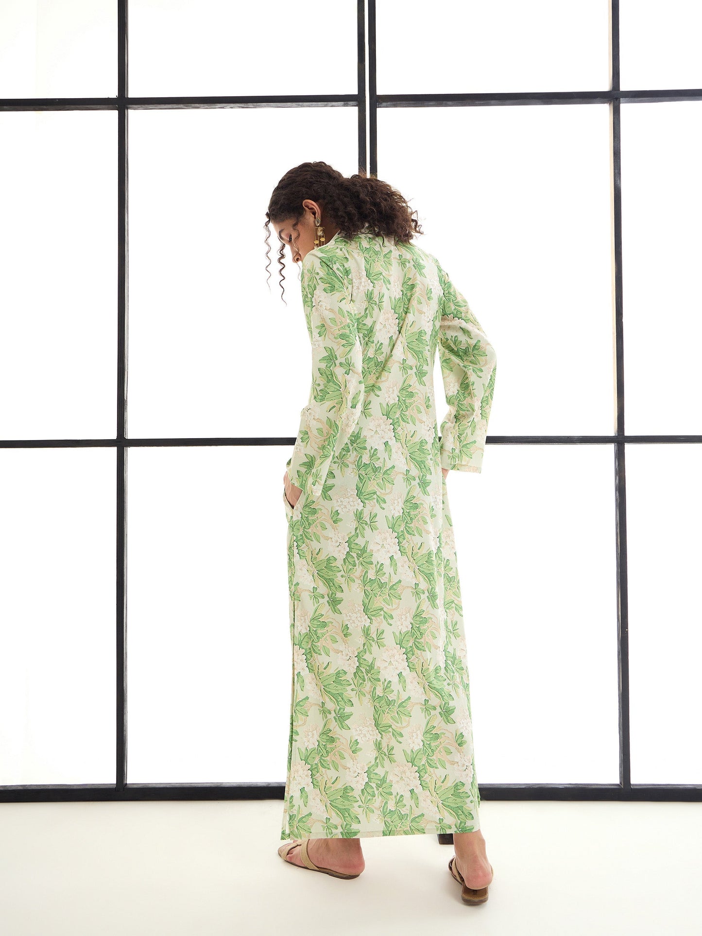Green & Beige Floral Abaya Dress