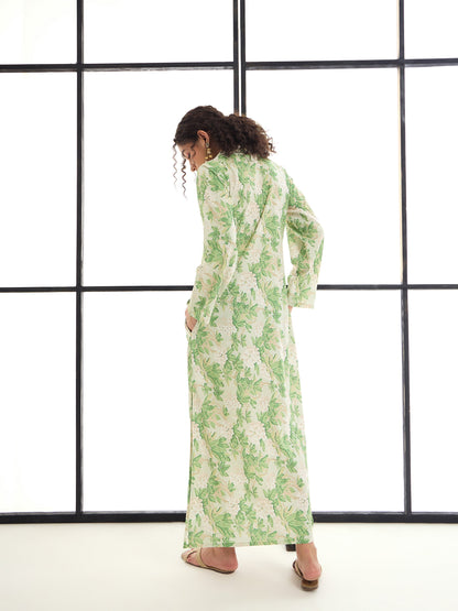 Green & Beige Floral Abaya Dress
