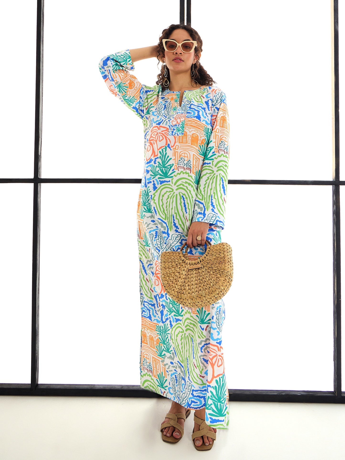 Multi Colour Tropical Print Mandarin Collar Abaya Dress
