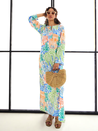 Multi Colour Tropical Print Mandarin Collar Abaya Dress