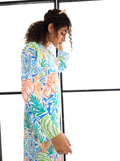 Multi Colour Tropical Print Mandarin Collar Abaya Dress