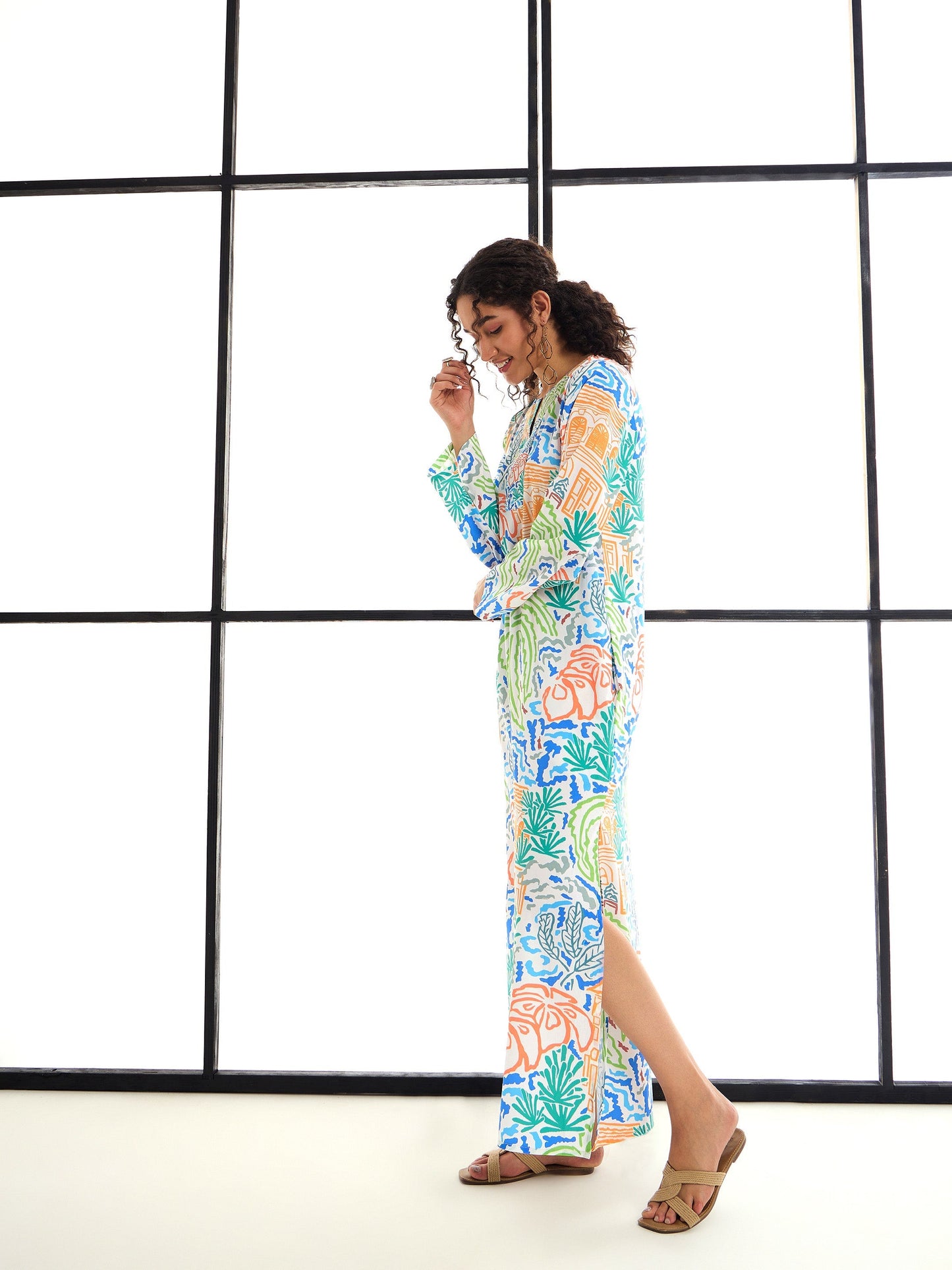 Multi Colour Tropical Print Mandarin Collar Abaya Dress