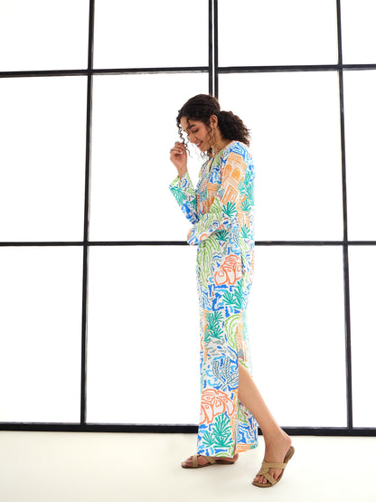 Multi Colour Tropical Print Mandarin Collar Abaya Dress