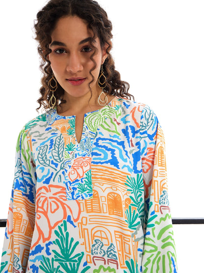 Multi Colour Tropical Print Mandarin Collar Abaya Dress