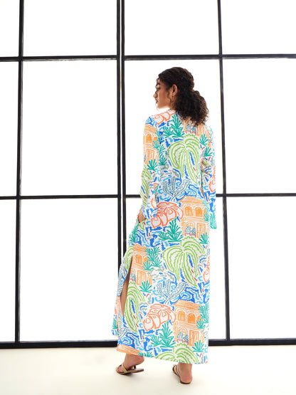 Multi Colour Tropical Print Mandarin Collar Abaya Dress