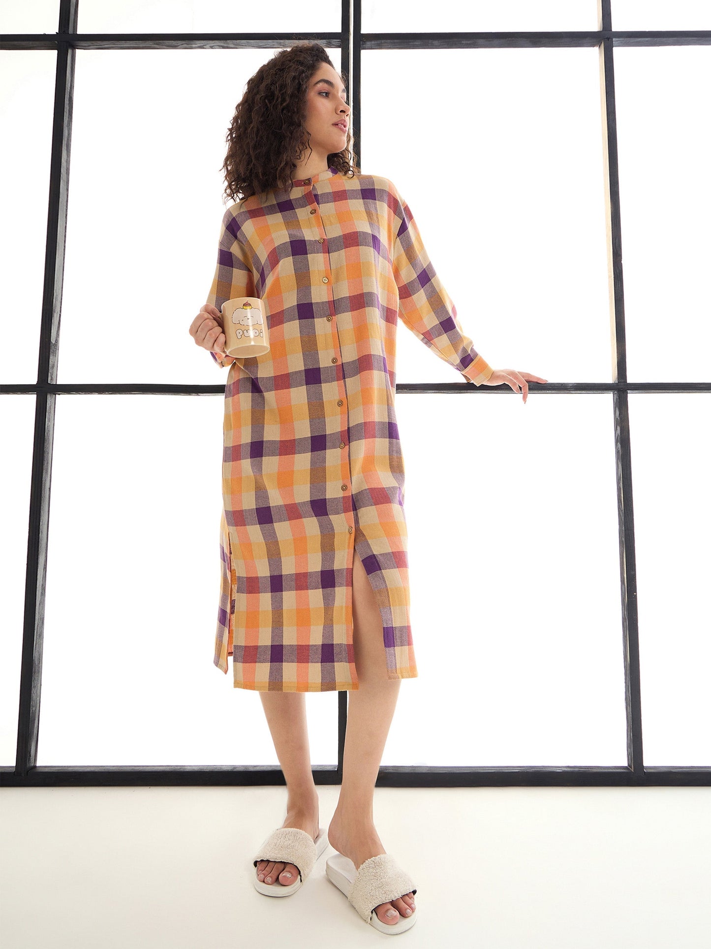 Beige & Orange Mandarin Collar Longline Shirt Dress