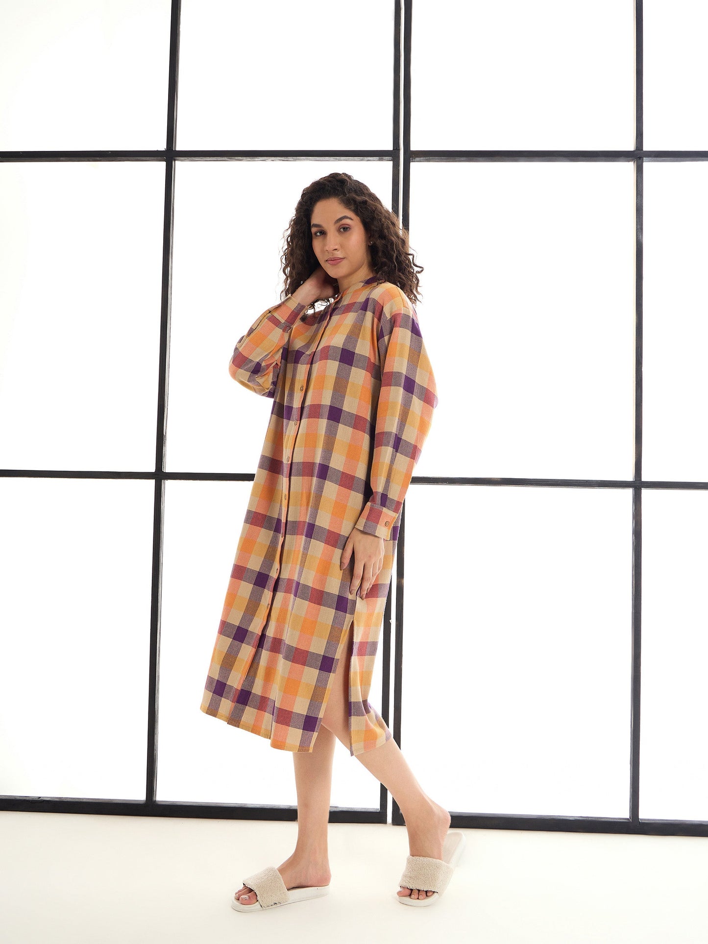 Beige & Orange Mandarin Collar Longline Shirt Dress