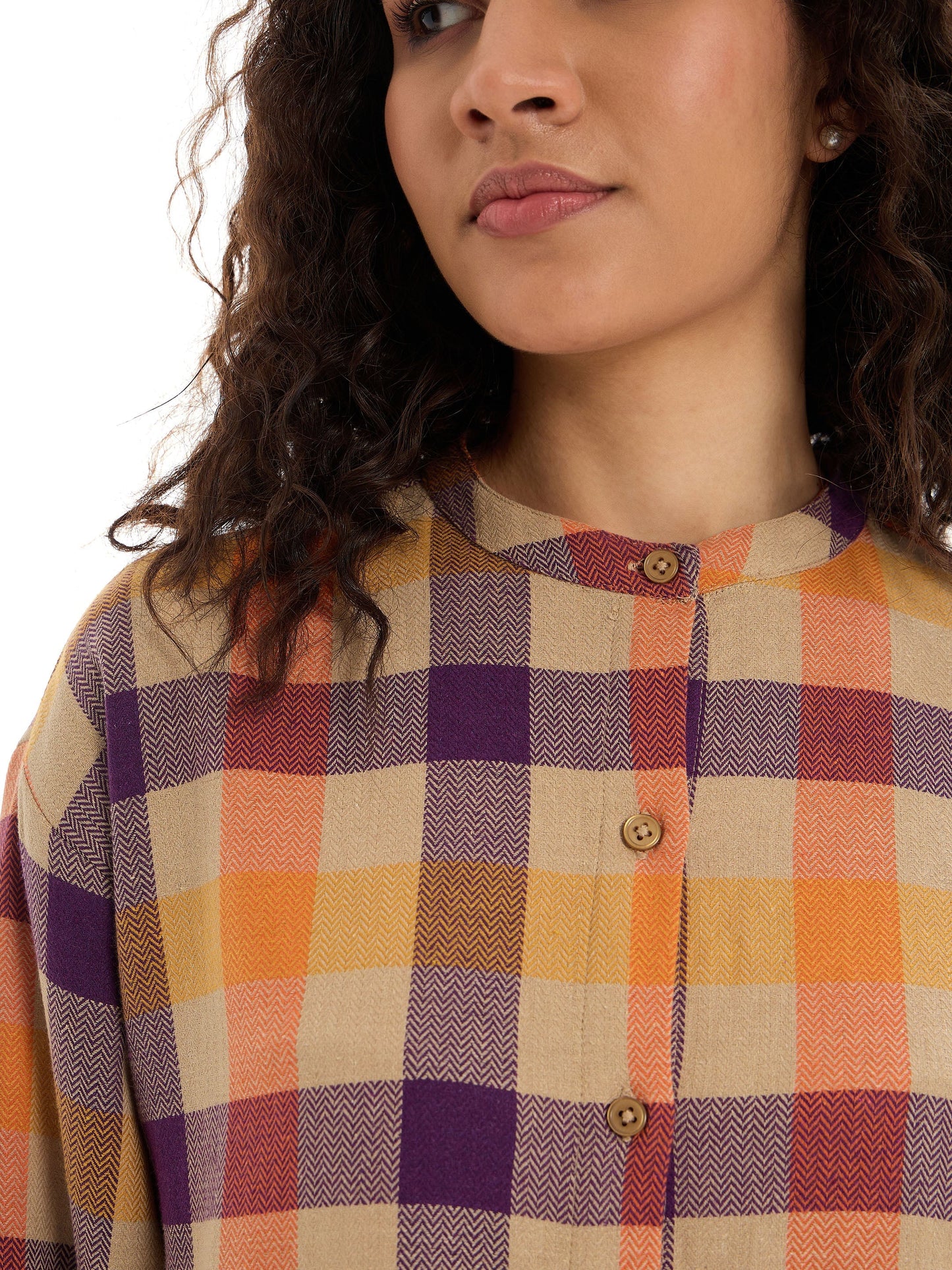 Beige & Orange Mandarin Collar Longline Shirt Dress