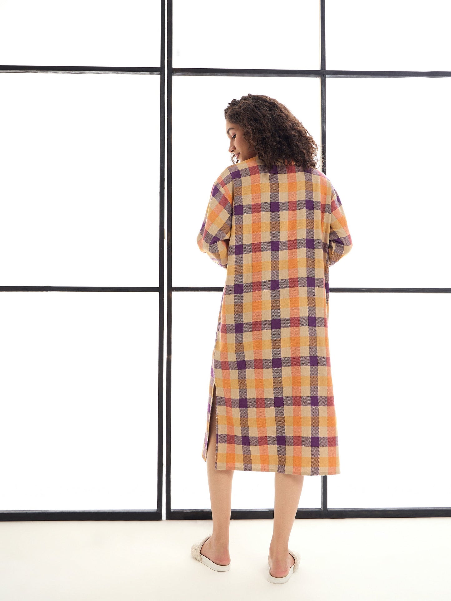 Beige & Orange Mandarin Collar Longline Shirt Dress