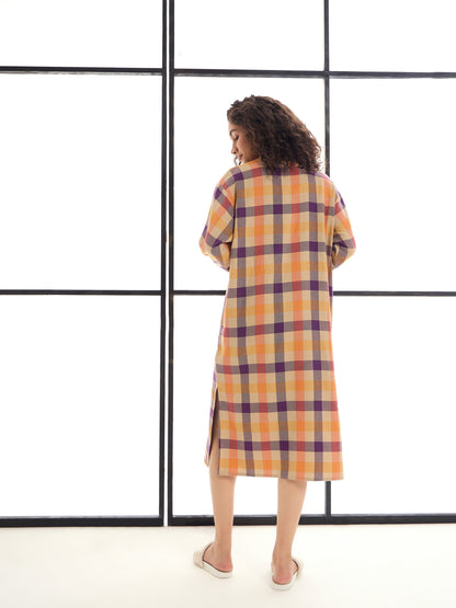 Beige & Orange Mandarin Collar Longline Shirt Dress