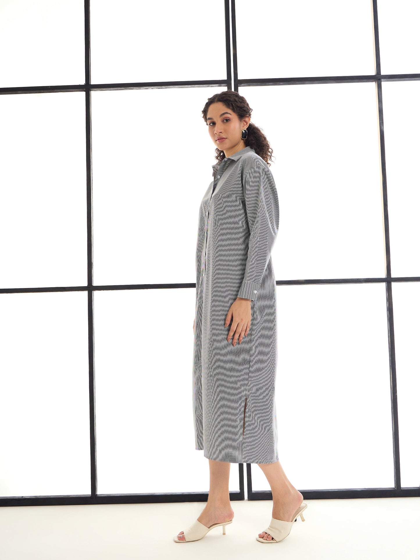 Black & White Stripes Lounge Longline Shirt Dress
