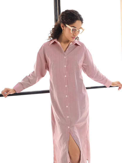 Maroon & White Stripes Lounge Longline Shirt Dress