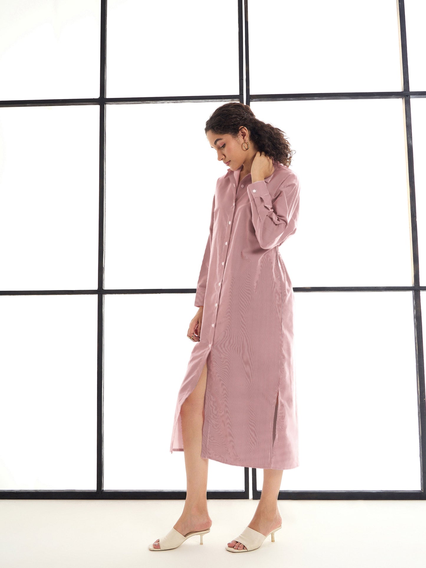 Maroon & White Stripes Lounge Longline Shirt Dress
