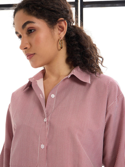 Maroon & White Stripes Lounge Longline Shirt Dress