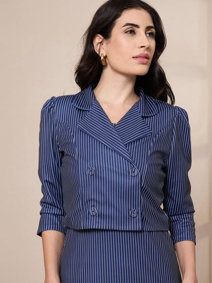 Navy Striped Bodycon Dress With Crop Blazer