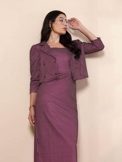Maroon Striped Bodycon Dress With Crop Blazer