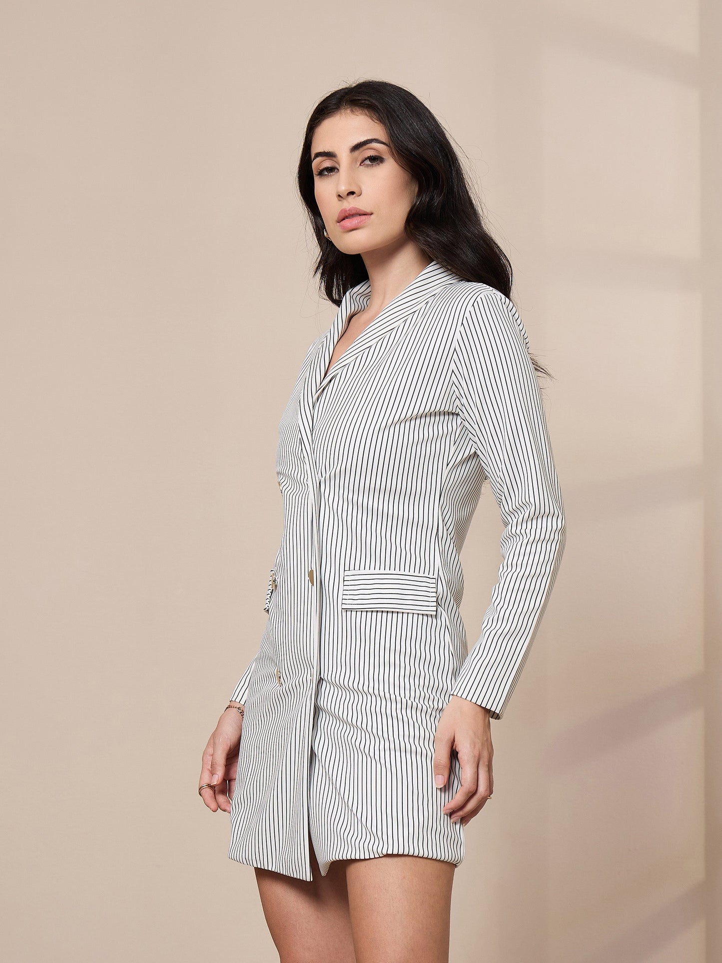 White Striped Double Breasted Blazer Dress