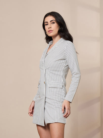 White Striped Double Breasted Blazer Dress