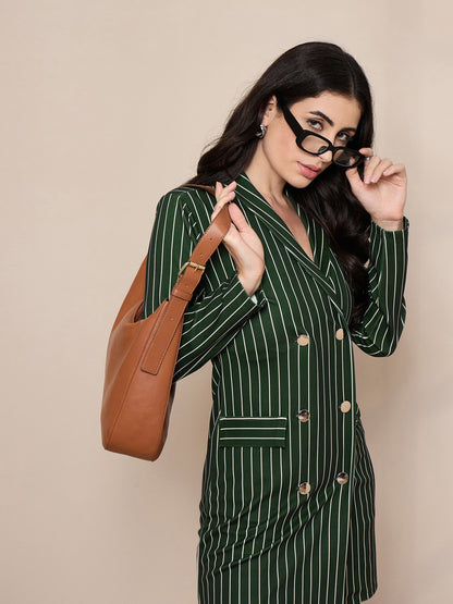Green Striped Double Breasted Blazer Dress