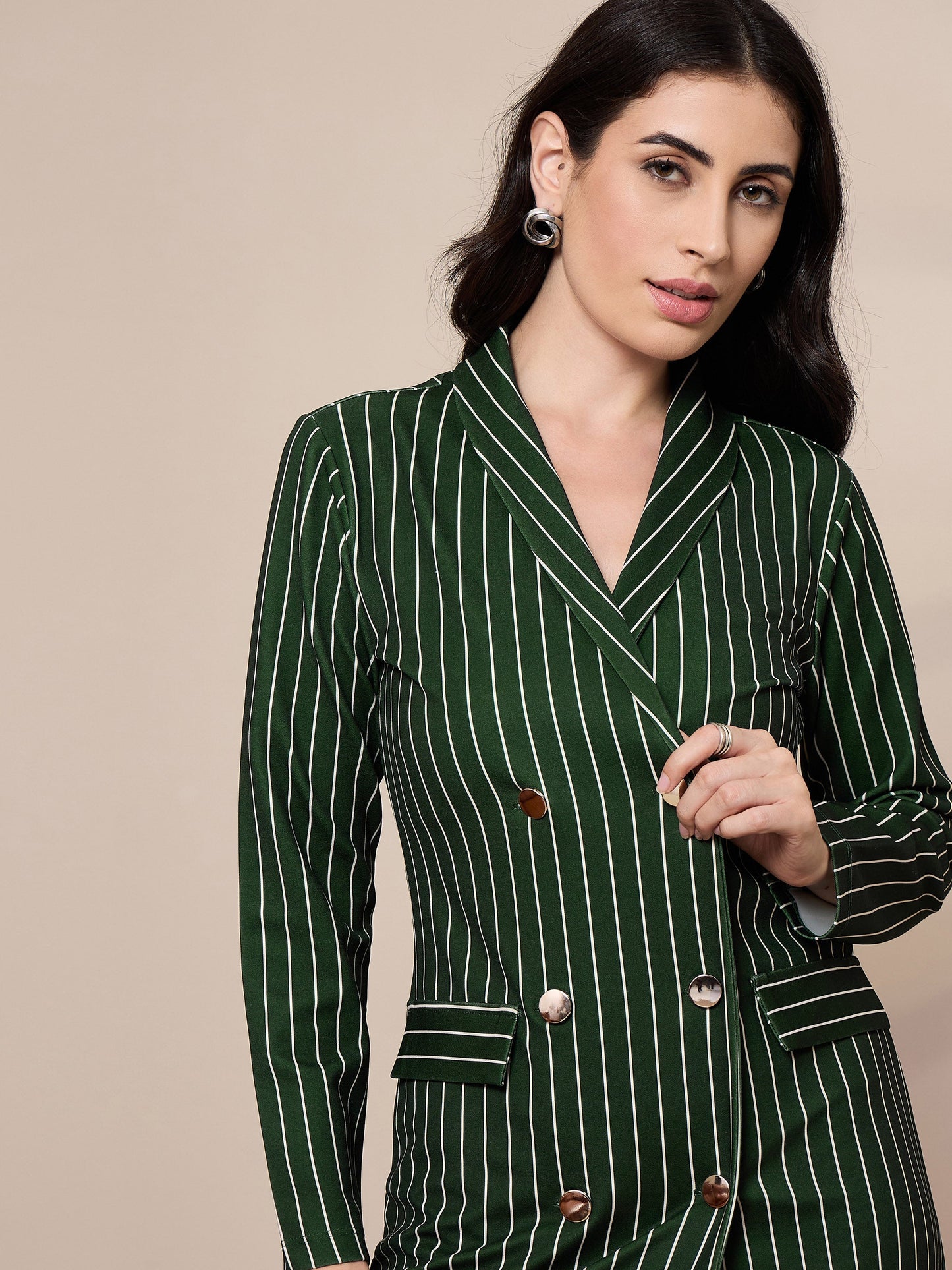 Green Striped Double Breasted Blazer Dress