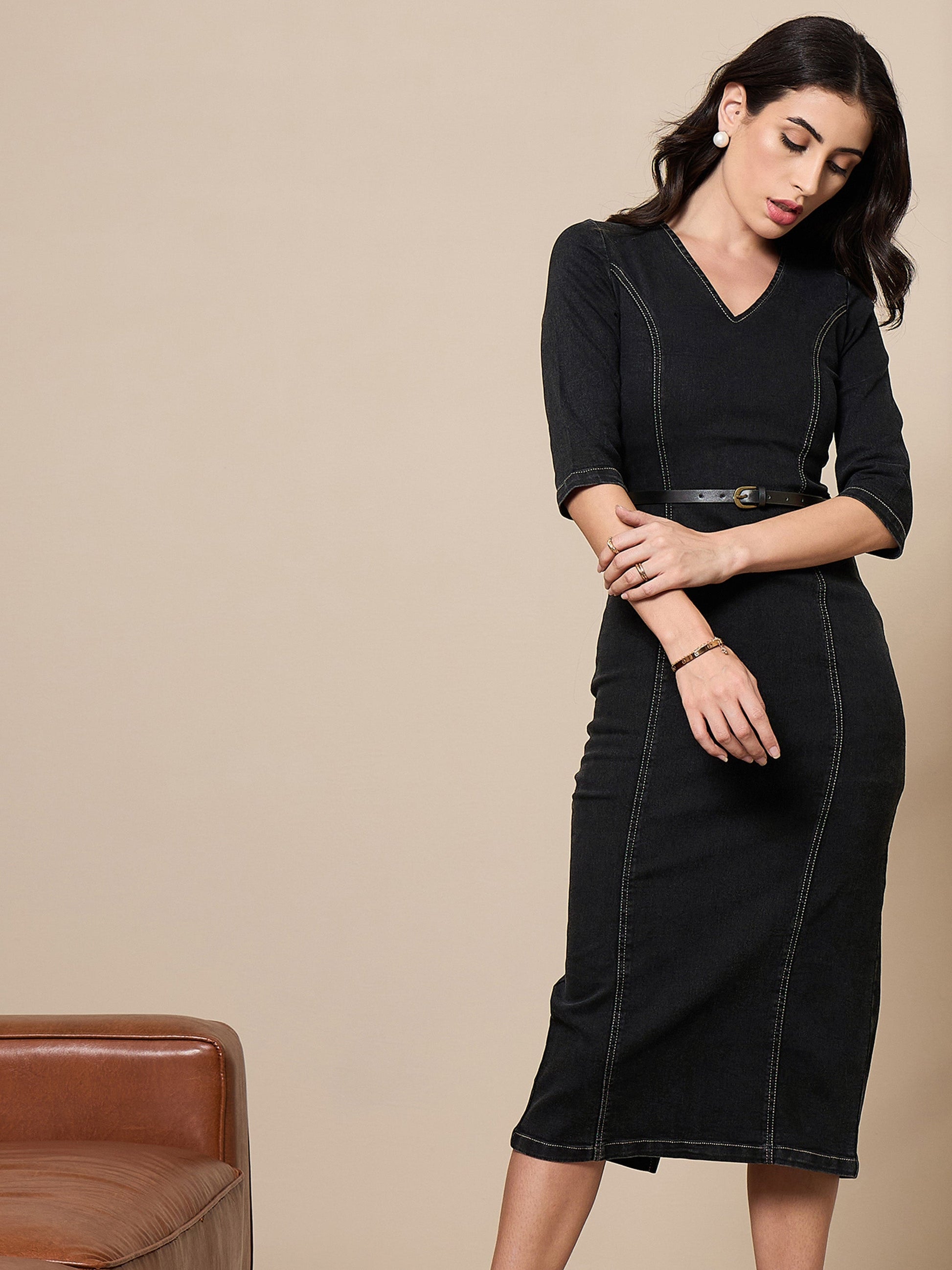 Women Black Denim V-Neck Below Knee Dress – Trendphoria