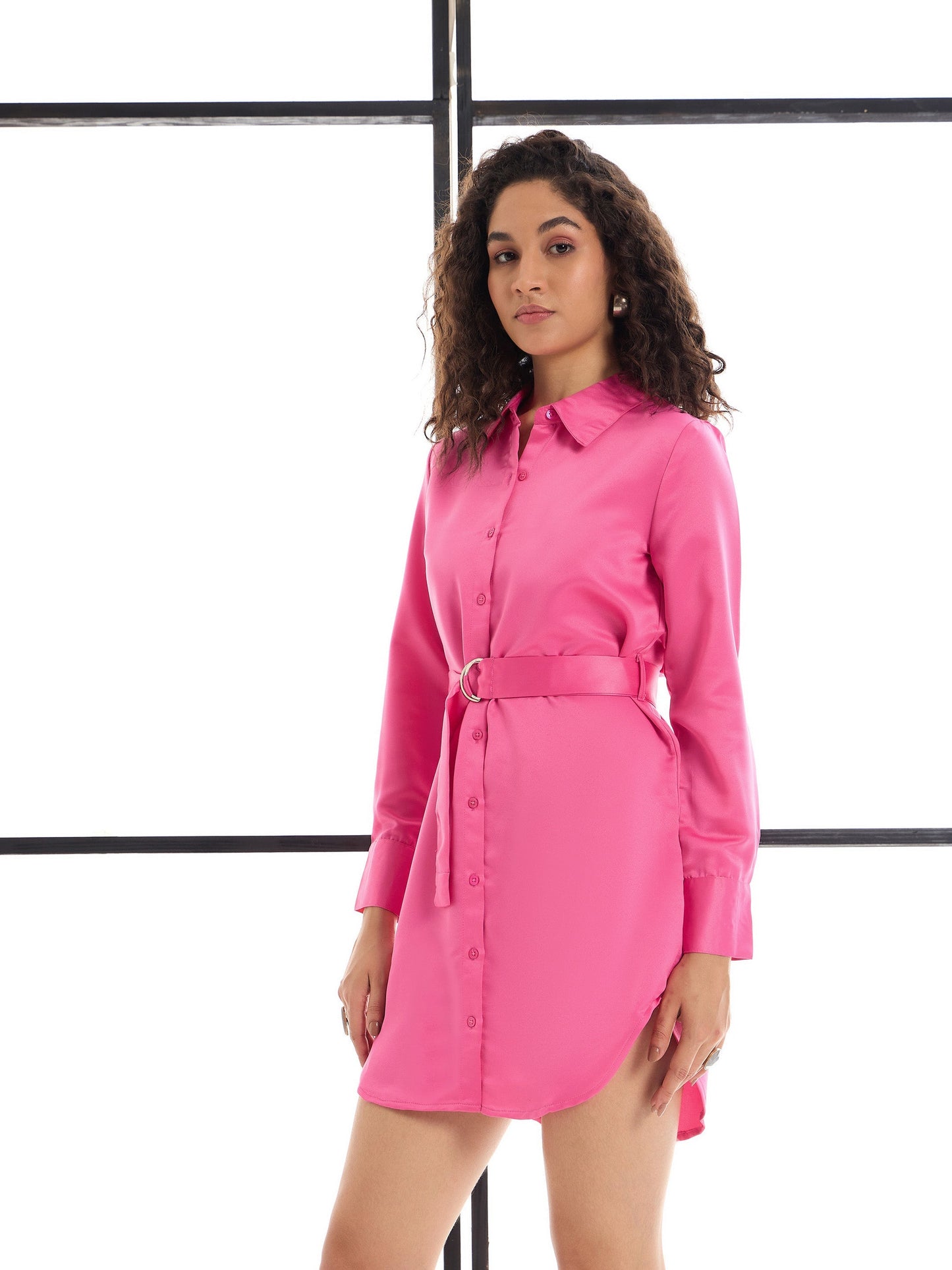 Pink Belted Satin Shirt Dress