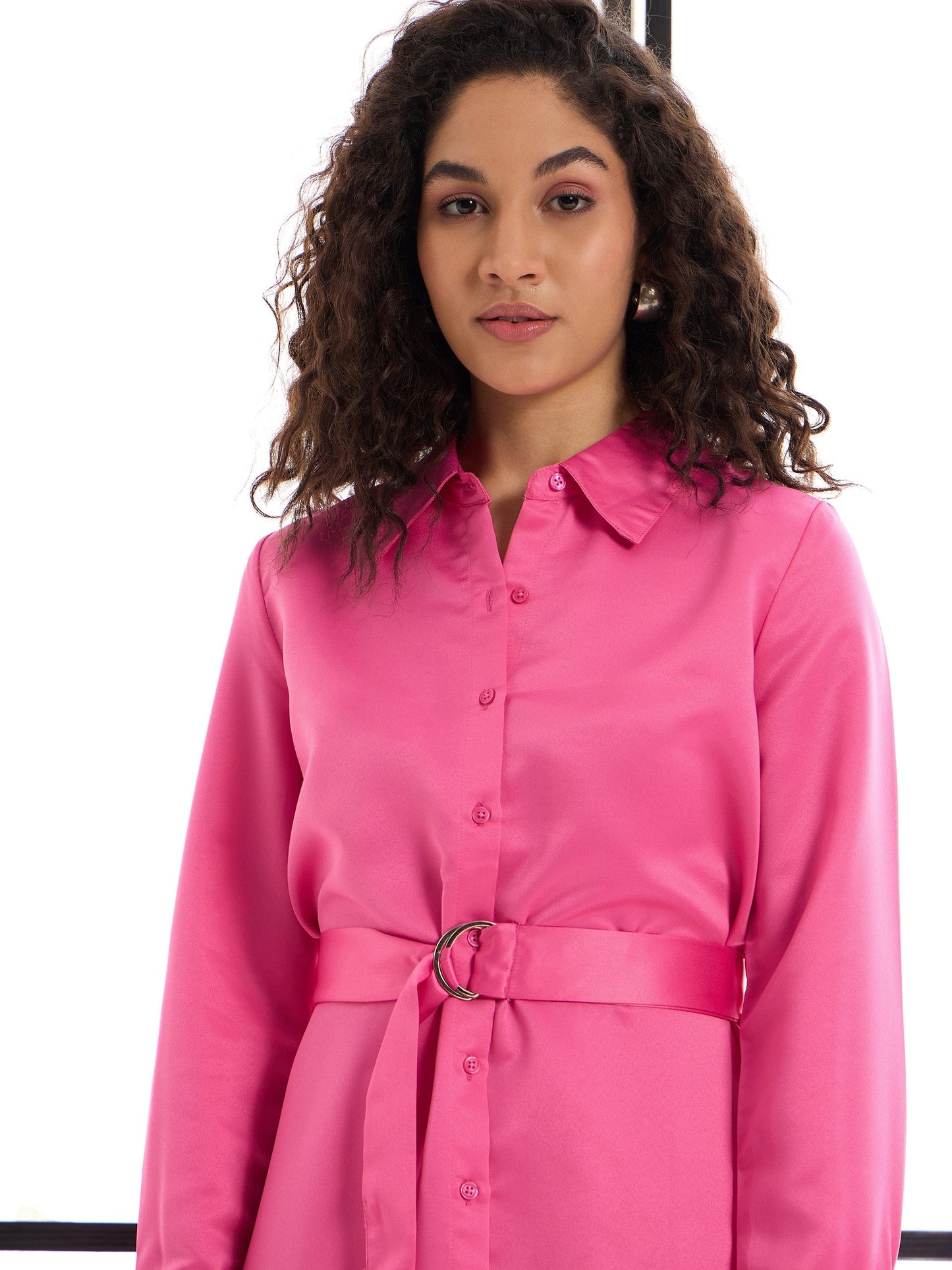 Pink Belted Satin Shirt Dress