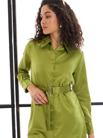 Olive Belted Satin Shirt Dress