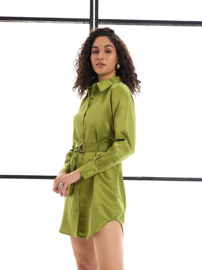 Olive Belted Satin Shirt Dress