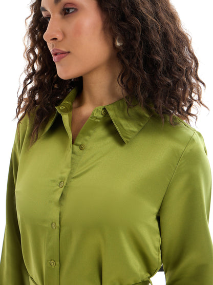 Olive Belted Satin Shirt Dress