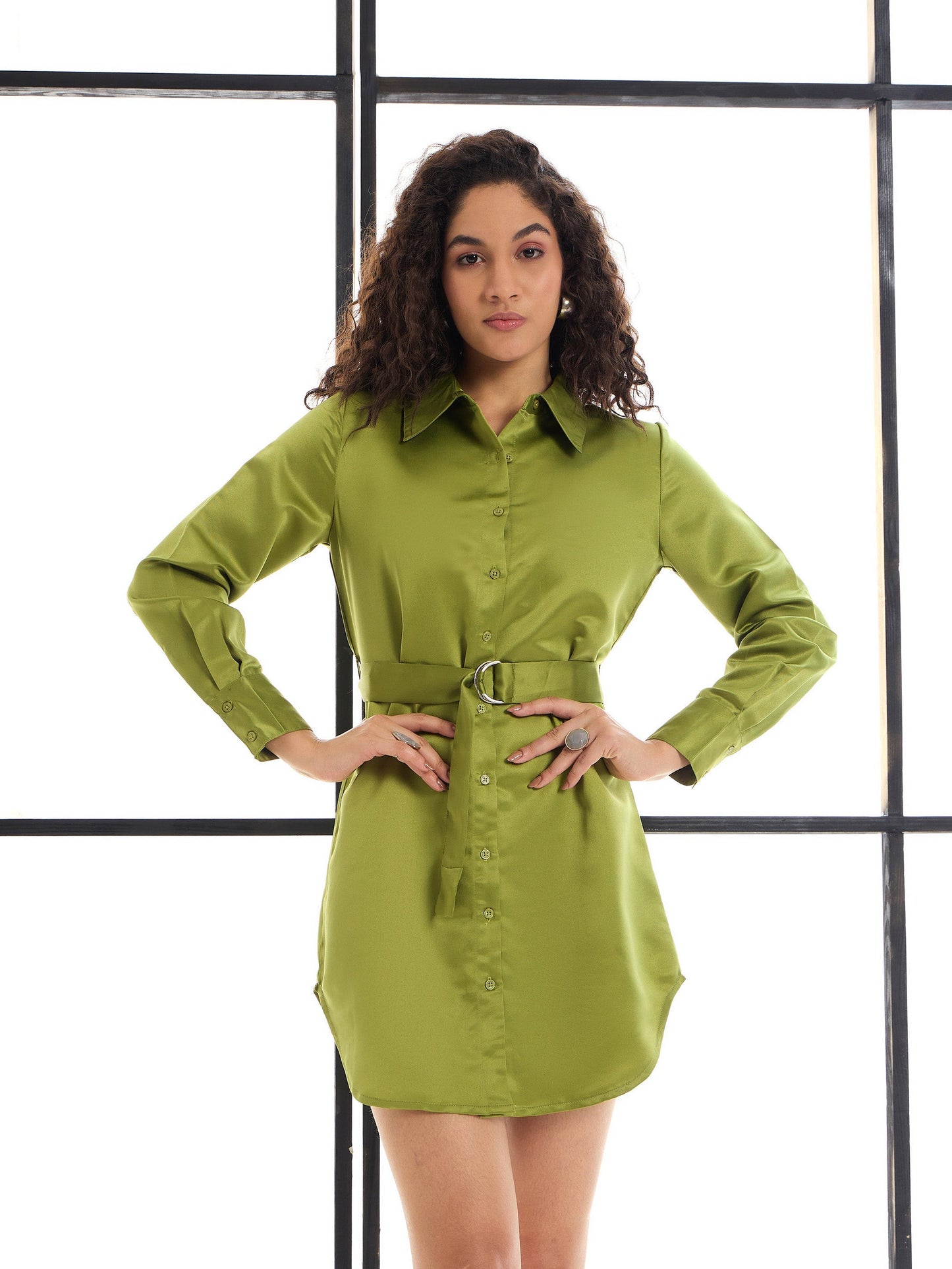 Olive Belted Satin Shirt Dress