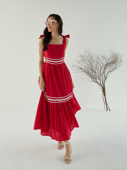 Women Red Ric Rac Lace Strappy Tiered Midi Dress