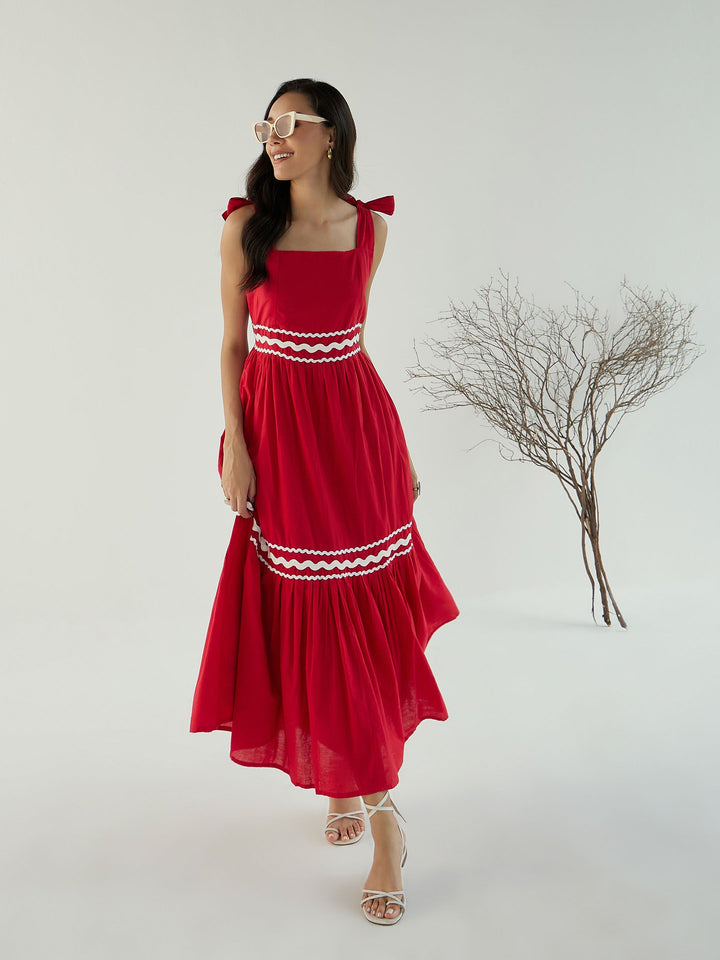 Women Red Ric Rac Lace Strappy Tiered Midi Dress