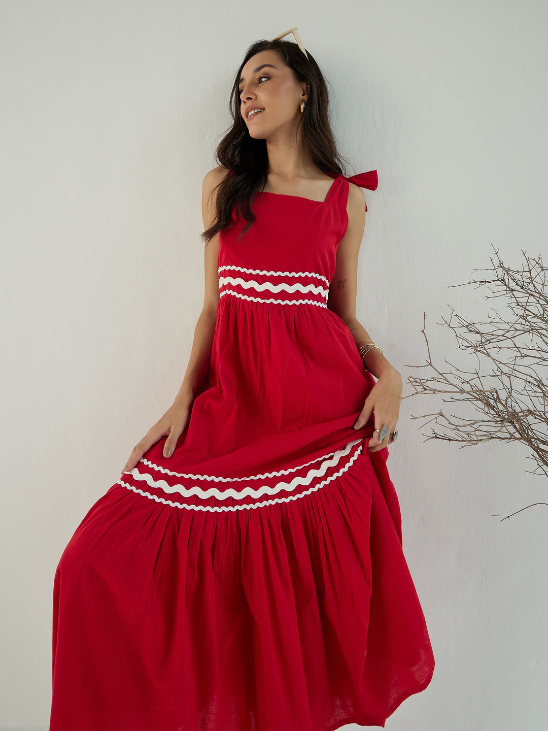 Women Red Ric Rac Lace Strappy Tiered Midi Dress