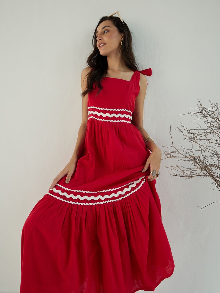 Women Red Ric Rac Lace Strappy Tiered Midi Dress
