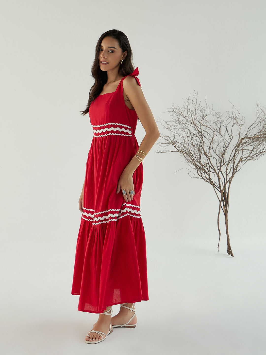 Women Red Ric Rac Lace Strappy Tiered Midi Dress