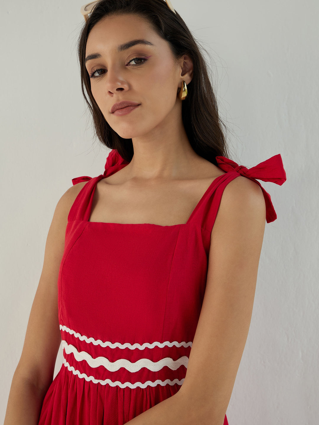 Women Red Ric Rac Lace Strappy Tiered Midi Dress