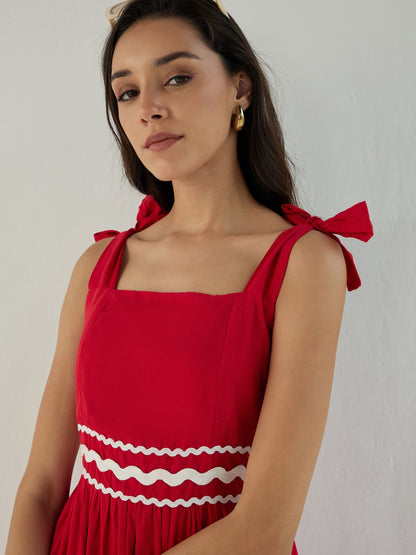 Women Red Ric Rac Lace Strappy Tiered Midi Dress