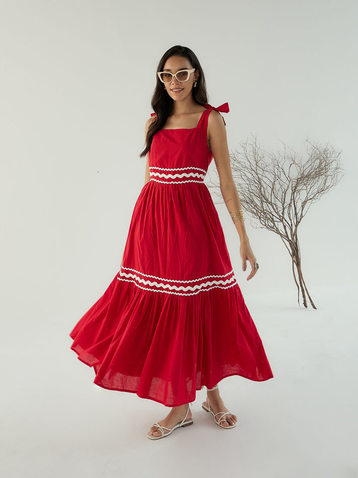 Women Red Ric Rac Lace Strappy Tiered Midi Dress