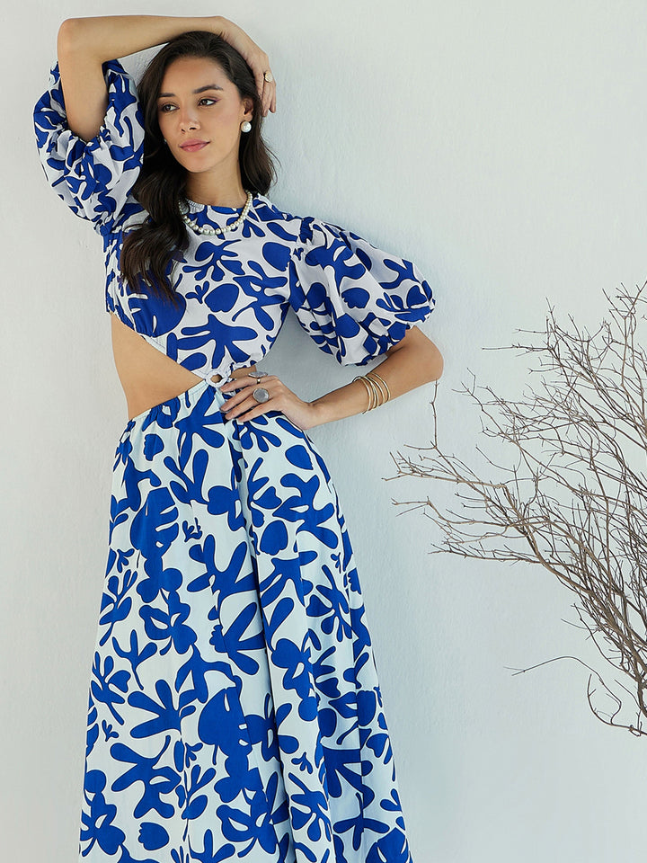 Women Blue &amp; White Floral Side Cut Out Midi Dress