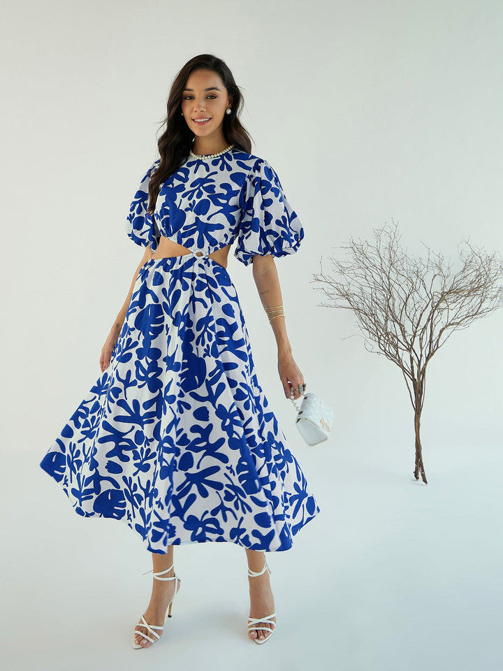 Women Blue &amp; White Floral Side Cut Out Midi Dress