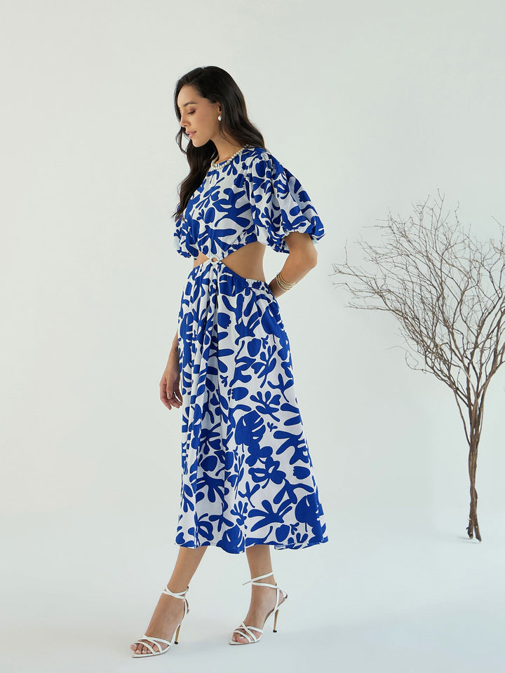 Women Blue &amp; White Floral Side Cut Out Midi Dress