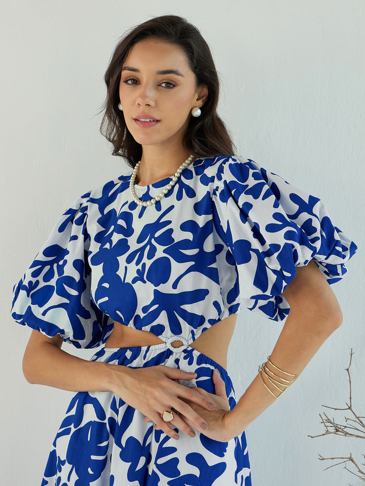 Women Blue &amp; White Floral Side Cut Out Midi Dress