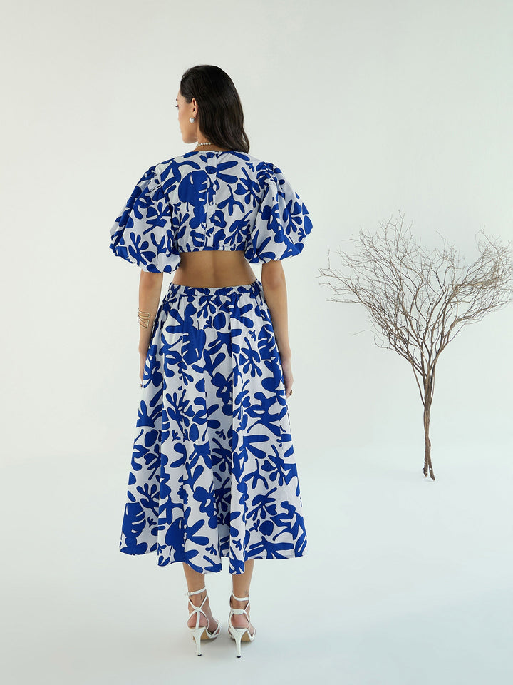 Women Blue &amp; White Floral Side Cut Out Midi Dress