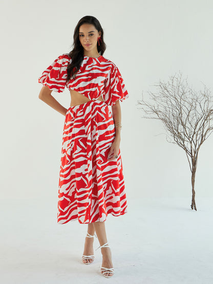 Red & White Printed Side Cut Out Midi Dress