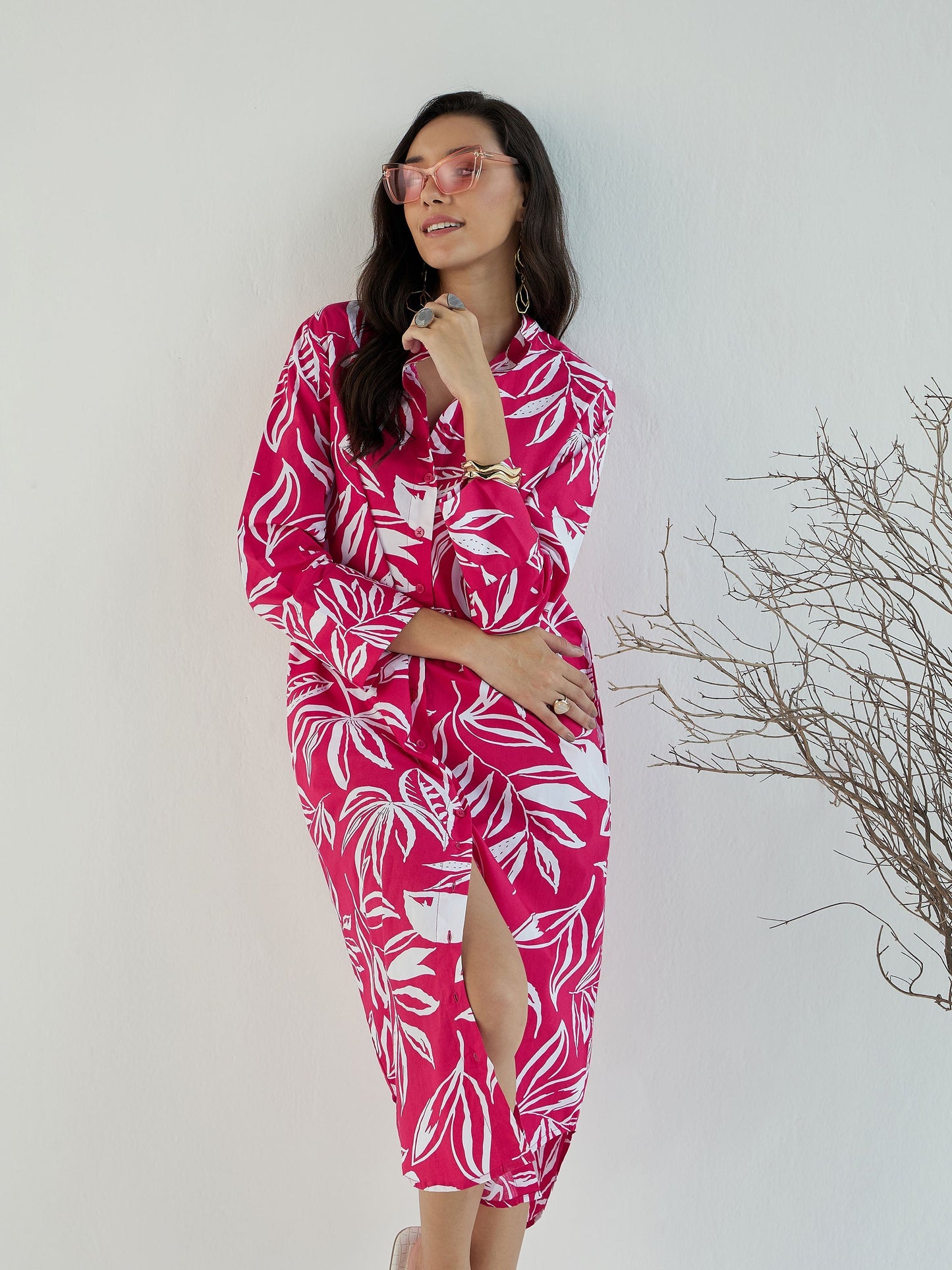 Fuchsia & White Floral Shirt Dress