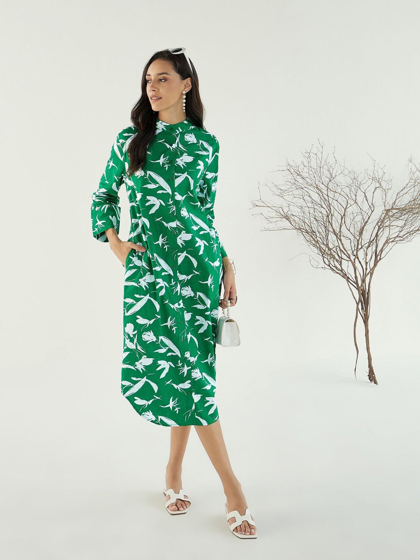 Green & White Floral Shirt Dress