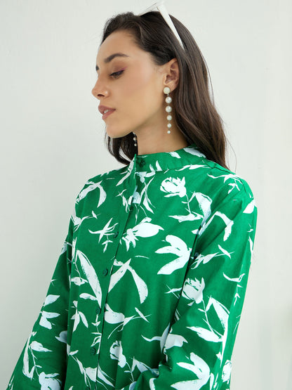 Green & White Floral Shirt Dress